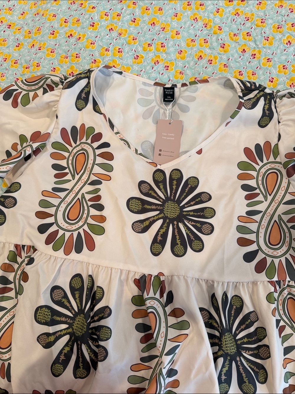 Emery Rose Cream Dress with Green, Brown, Orange & Black Paisley Floral Print